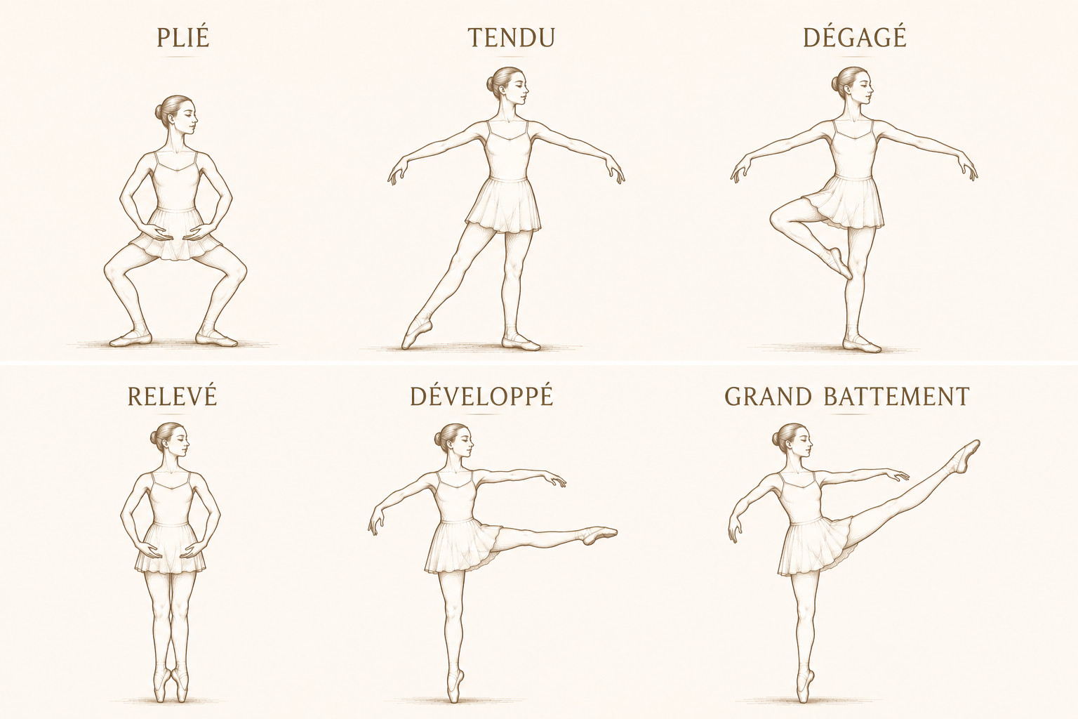 Illustrated pictorial of six fundamental ballet steps: plié, tendu, dégagé, relevé, développé, and grand battement