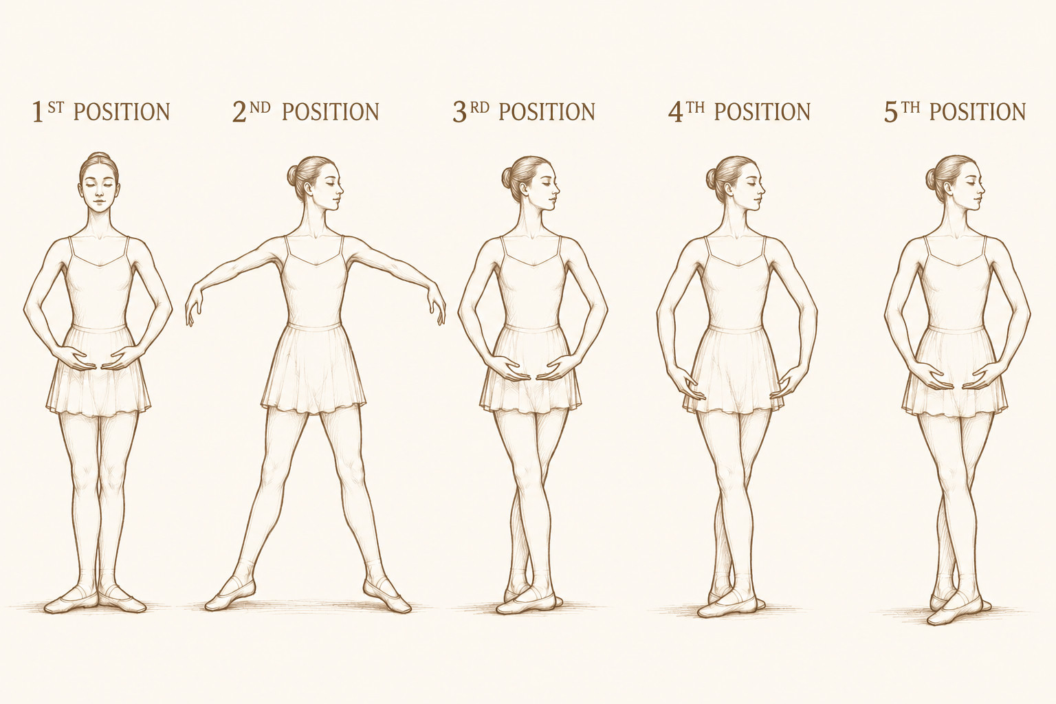 Illustrated pictorial of a ballerina demonstrating the five basic positions of the feet, labeled first through fifth position from left to right