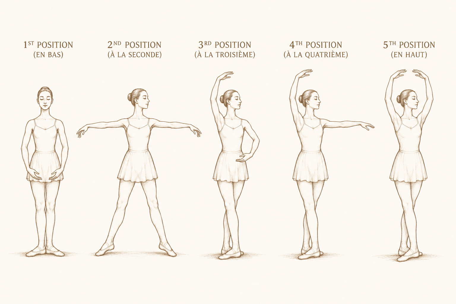 Illustrated pictorial of a ballerina demonstrating the five basic arm positions, labeled first through fifth position from left to right