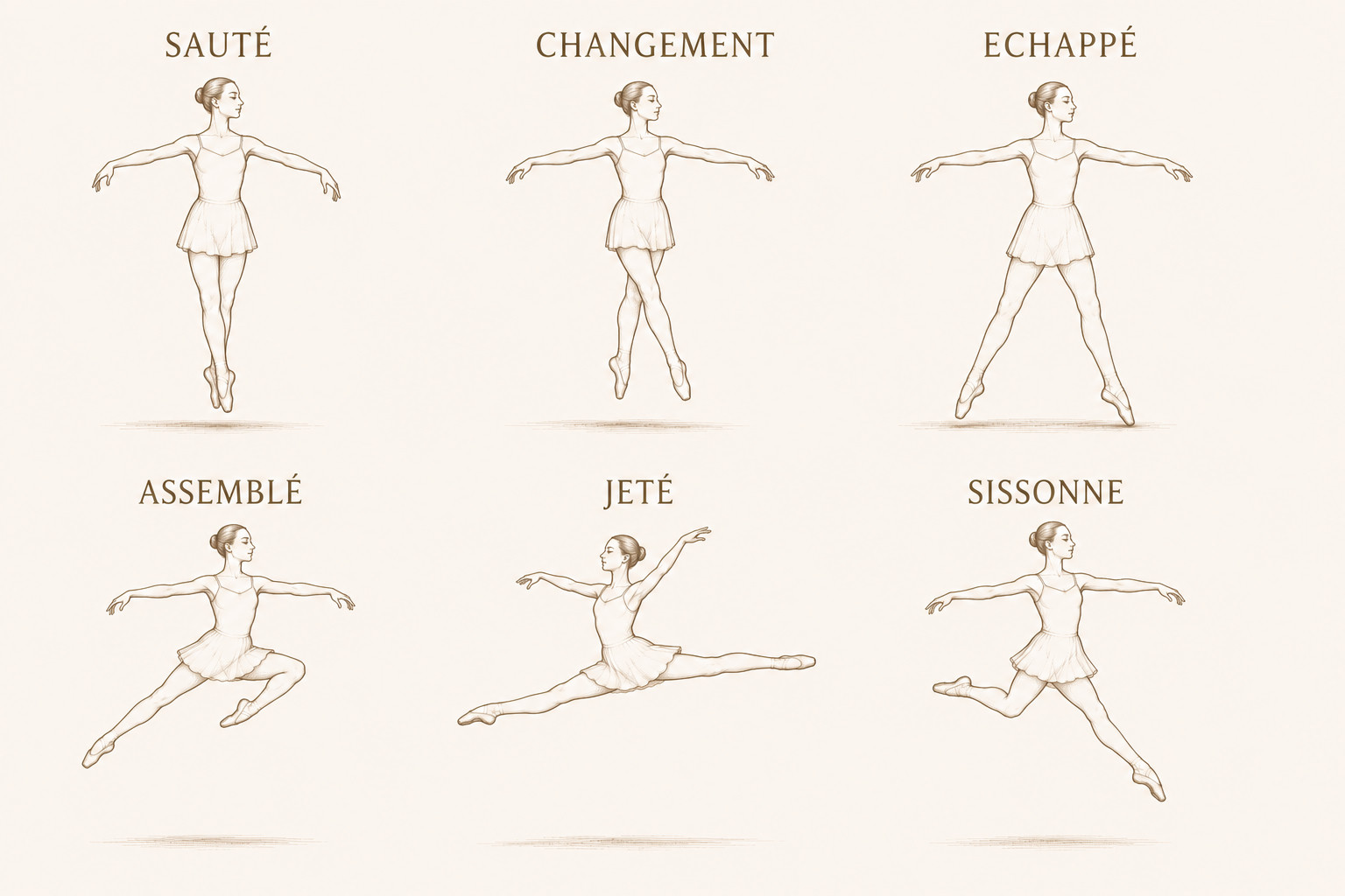 Illustrated pictorial of six ballet jumps: sauté, changement, échappé, assemblé, jeté, and sissonne